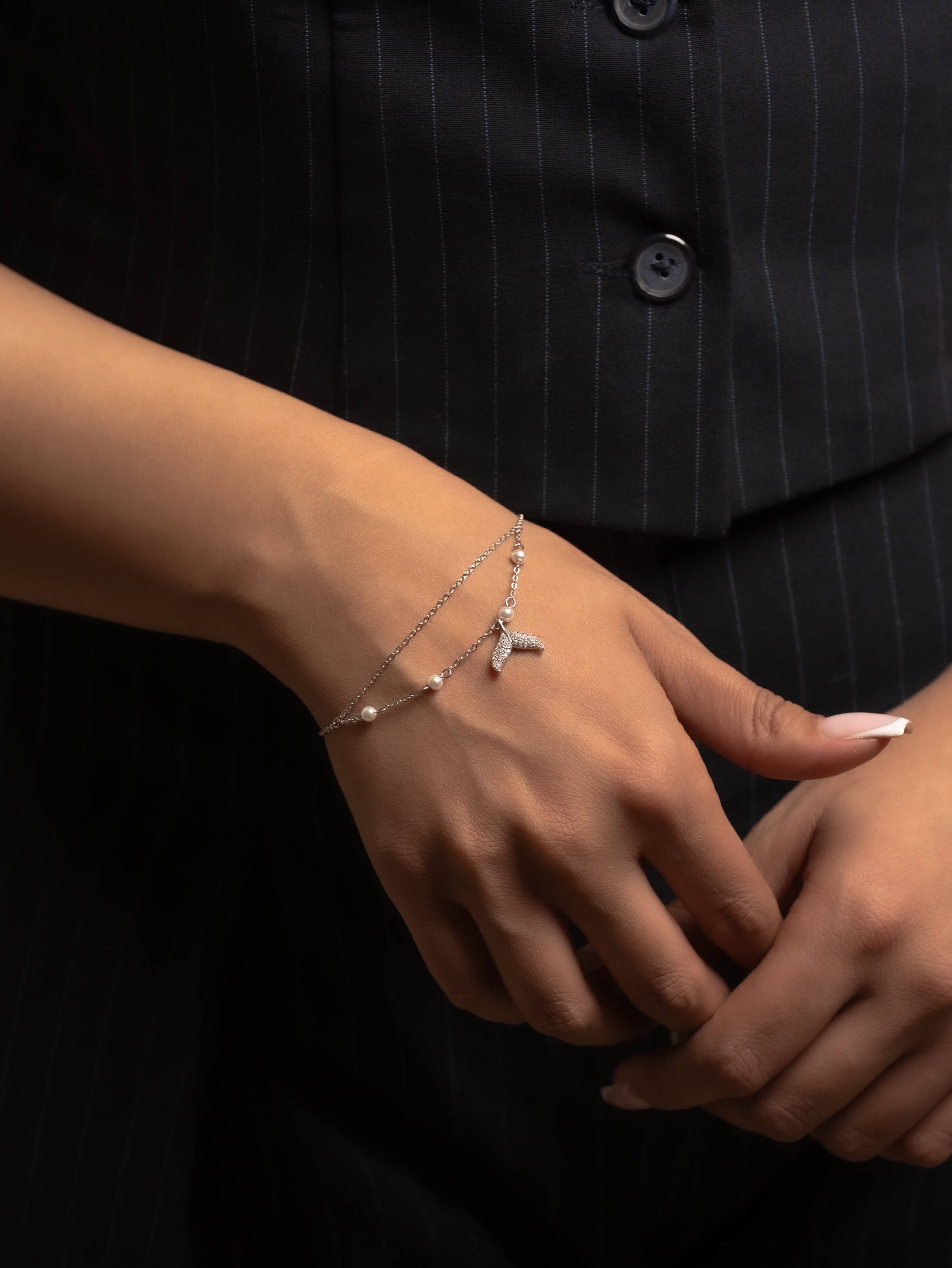 دستبند نقره دولاین دم وال و مروارید - Image 3